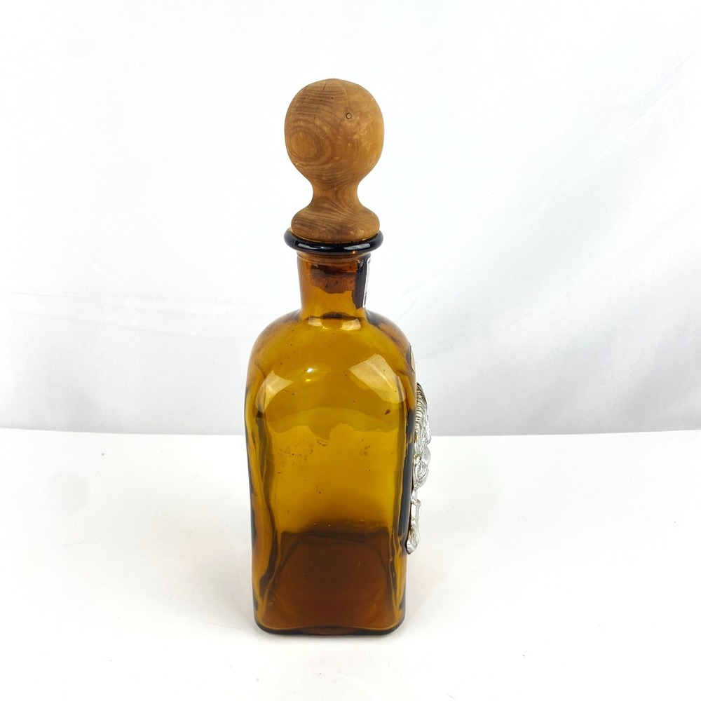 Amber Liquor Bottle of Sancho Panza Wood Cork Top Empty Nickel Silver Relief 12" - Picture 2 of 9